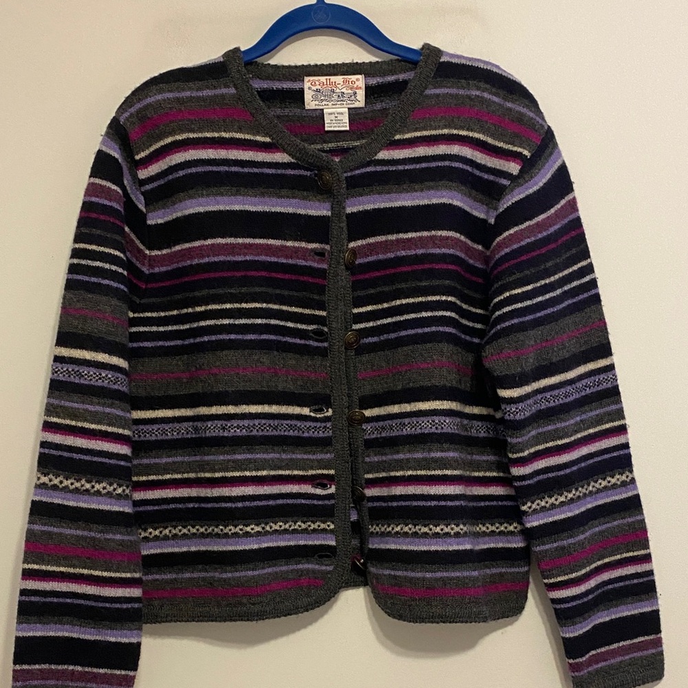 Tally Ho Wool Cardigan with Purple and Gray Stripes